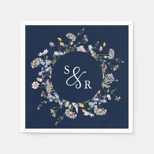 Navy Spring Wildflower Meadow Garden Bruiloft Servet (Voorkant)