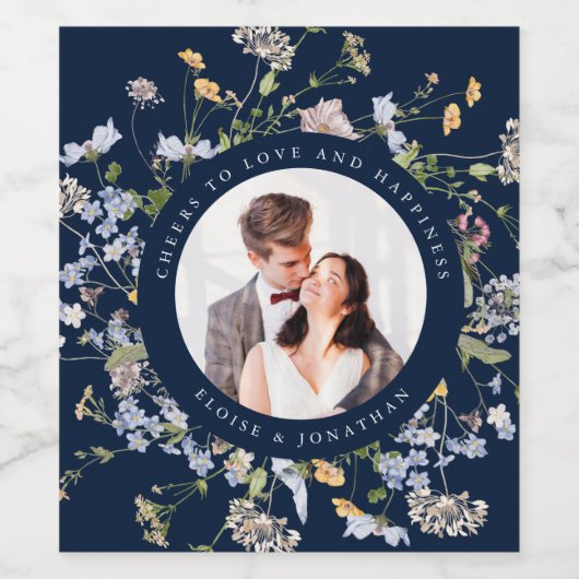 Navy Spring Wildflower Meadow Garden Bruiloft Wijn Etiket (Enkel label)