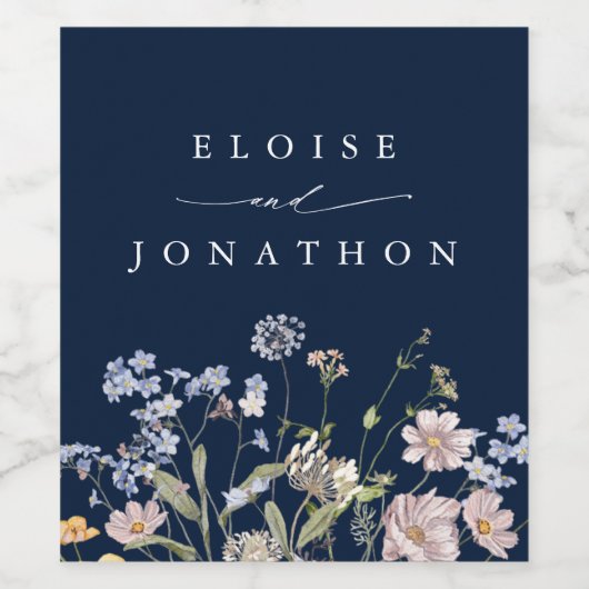 Navy Spring Wildflower Meadow Garden Bruiloft Wijn Etiket (Enkel label)