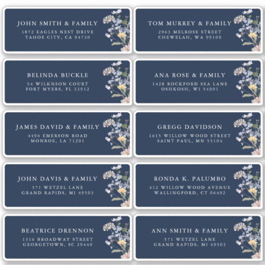 Navy Spring Wildflower Meadow Gast Naam Adres Sticker (Voorkant)