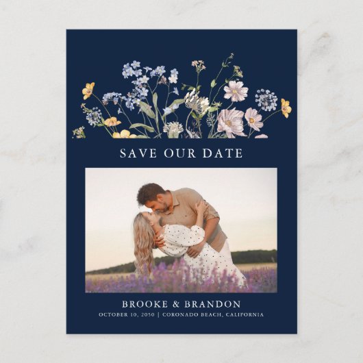 Navy Spring Wildflower Meadow Save the Date Briefkaart (Voorkant)
