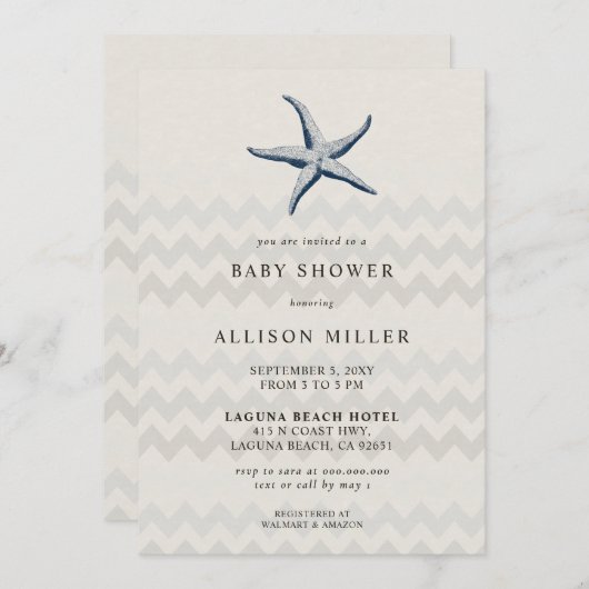Navy Starfish Beach Ocean Theme Baby shower Kaart (Voorkant / Achterkant)