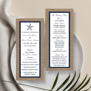 Navy Starfish Burlap Beach huwelijksprogramma Reclamekaart