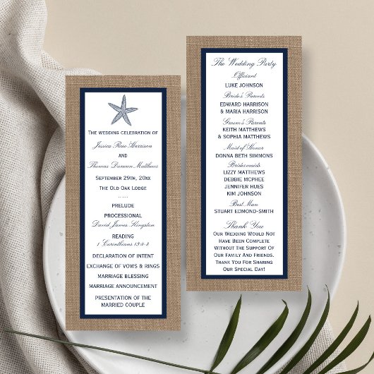 Navy Starfish Burlap Beach huwelijksprogramma Reclamekaart