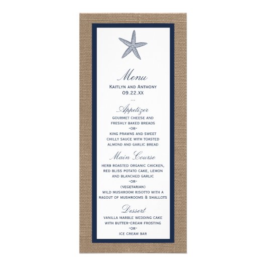 Navy Starfish Burlap Beach Wedding Menu (Voorkant)
