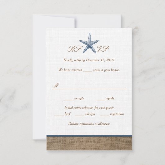 Navy Starfish Burlap Beach Wedding RSVP-kaarten RSVP Kaartje (Voorkant)