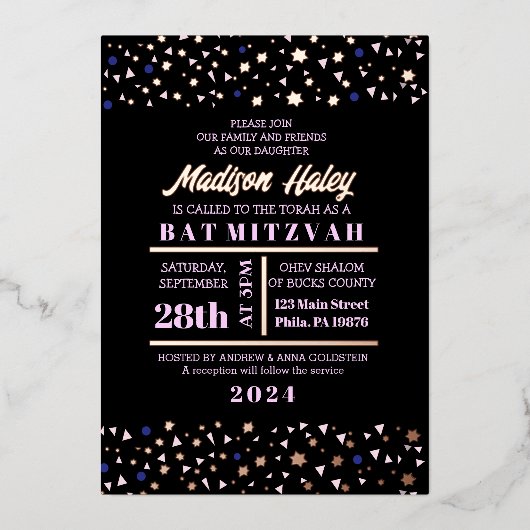 Navy Stars Bar Bat Mitzvah Invitation Gold Inlay Folie Uitnodiging (Voorkant)