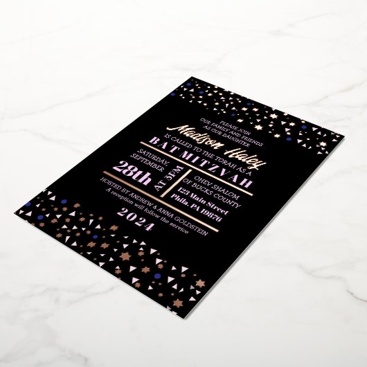 Navy Stars Bar Bat Mitzvah Invitation Gold Inlay Folie Uitnodiging (Gedraaid)