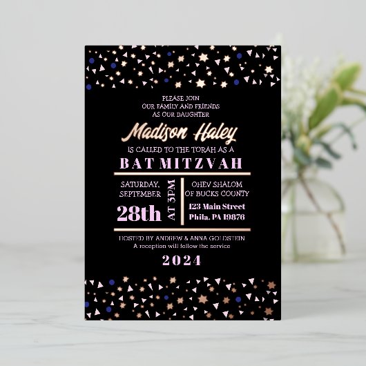 Navy Stars Bar Bat Mitzvah Invitation Gold Inlay Folie Uitnodiging (Staand Voorkant)