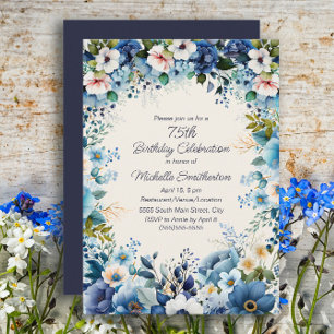 Navy Stofblauw Witte Bloemen 75e Verjaardag Kaart