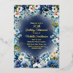 Navy Stofblauw Witte Bloemen 90ste Verjaardag Folie Uitnodiging