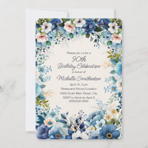 Navy Stofblauw Witte Bloemen 90ste Verjaardag Kaart