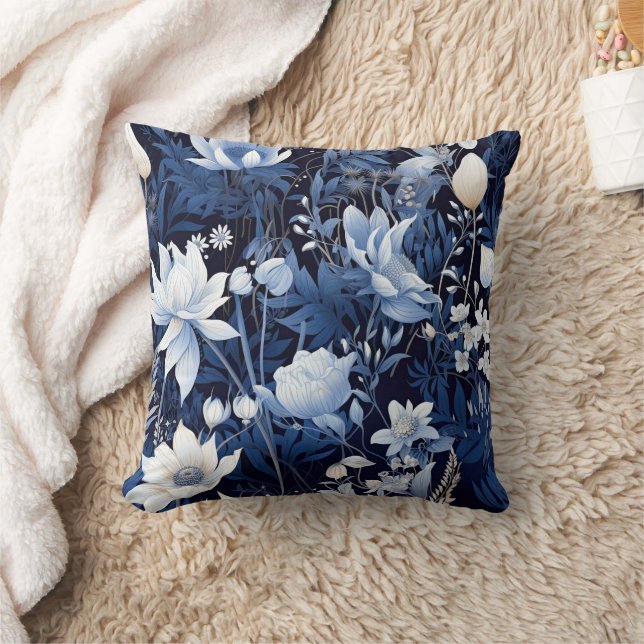 Navy Stofblauw Witte Winterbloemen  Kussen (Deken)