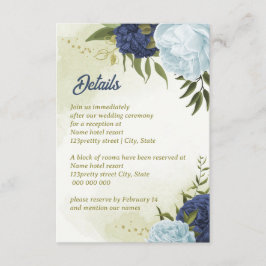 Navy Stoffig Blauw Bloemen Groene bladeren Informatiekaartje