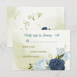 Navy Stoffig Blauw Bloemen Groene bladeren RSVP Kaartje