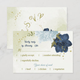 Navy Stoffig Blauw Bloemen Groene bladeren RSVP Kaartje