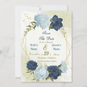 Navy Stoffig Blauw Bloemen Groene bladeren Save The Date (Voorkant)