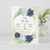 Navy Stoffig Blauw Bloemen Groene bladeren Save The Date (Staand voorkant)
