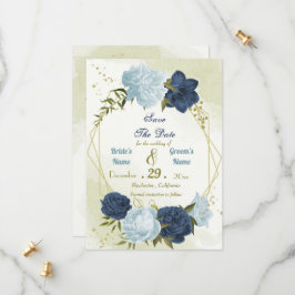 Navy Stoffig Blauw Bloemen Groene bladeren Save The Date
