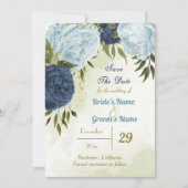 Navy Stoffig Blauw Bloemen Groene bladeren Save The Date (Voorkant)