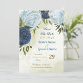 Navy Stoffig Blauw Bloemen Groene bladeren Save The Date (Staand voorkant)