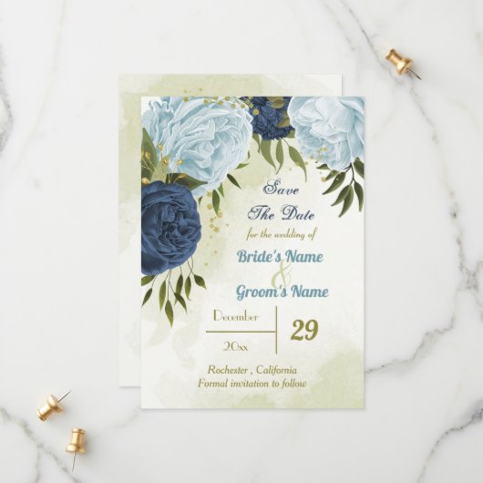 Navy Stoffig Blauw Bloemen Groene bladeren Save The Date (Voorkant / Achterkant in situ)