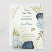 Navy Stoffig Blauw Bloemen Groene bladeren Save The Date (Voorkant)