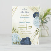Navy Stoffig Blauw Bloemen Groene bladeren Save The Date (Staand voorkant)