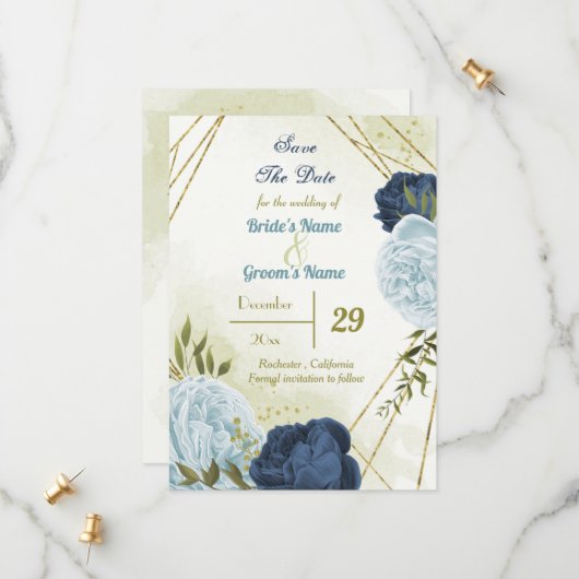 Navy Stoffig Blauw Bloemen Groene bladeren Save The Date (Voorkant / Achterkant in situ)