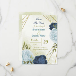 Navy Stoffig Blauw Bloemen Groene bladeren Save The Date