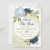 Navy Stoffig Blauw Bloemen Groene bladeren Save The Date (Voorkant)