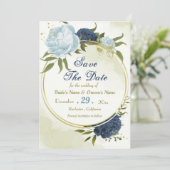 Navy Stoffig Blauw Bloemen Groene bladeren Save The Date (Staand voorkant)