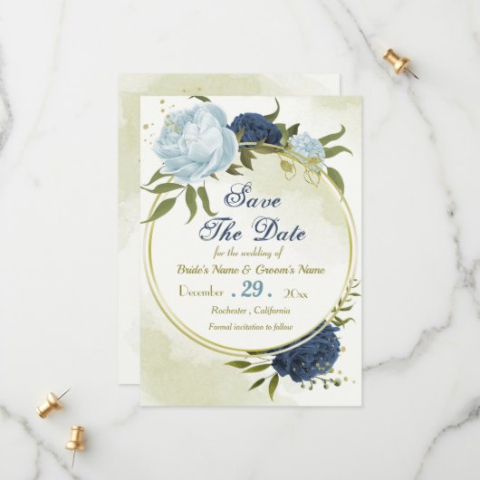 Navy Stoffig Blauw Bloemen Groene bladeren Save The Date (Voorkant / Achterkant in situ)