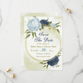 Navy Stoffig Blauw Bloemen Groene bladeren Save The Date