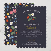 Navy Strawberry eerste verjaardag uitnodiging (Voorkant / Achterkant)