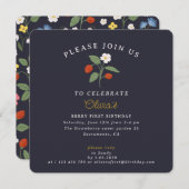 Navy Strawberry eerste verjaardag uitnodiging (Voorkant / Achterkant)