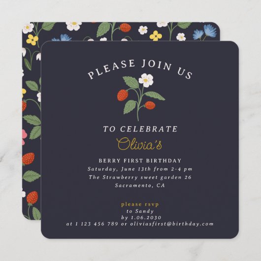 Navy Strawberry eerste verjaardag uitnodiging (Voorkant / Achterkant)