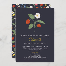 Navy Strawberry eerste verjaardag uitnodiging