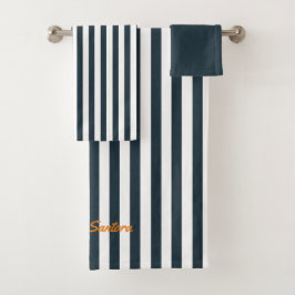 Navy Strepen | Het Moderne Heren Monogram Bad Handdoek