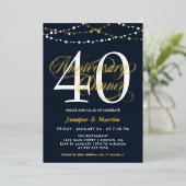 Navy String Lights 40th Wedding Jubileum Dinner Folie Uitnodiging (Staand Voorkant)