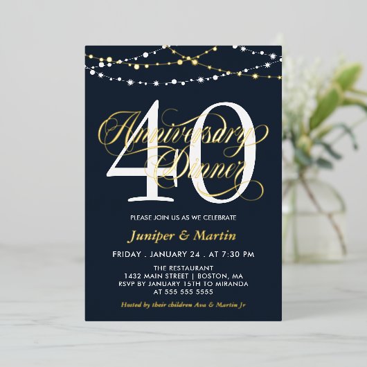 Navy String Lights 40th Wedding Jubileum Dinner Folie Uitnodiging (Staand Voorkant)