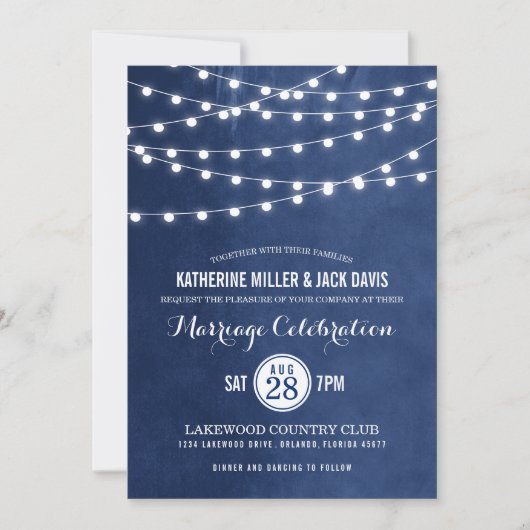 Navy String Lights Bruiloft Receptie Uitnodiging (Voorkant)
