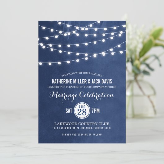 Navy String Lights Bruiloft Receptie Uitnodiging (Staand voorkant)