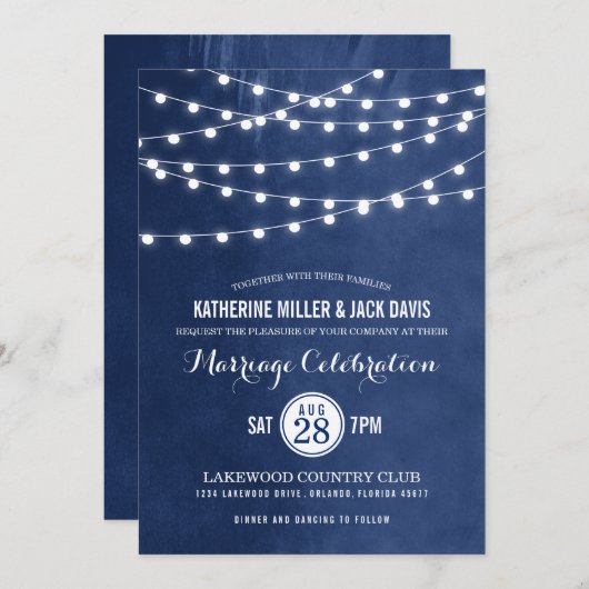 Navy String Lights Bruiloft Receptie Uitnodiging (Voorkant / Achterkant)