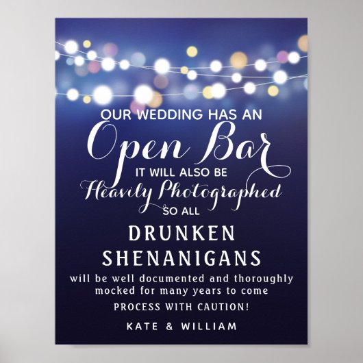 Navy String of light Open Bar bruiloft Poster (Voorkant)