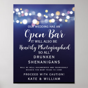 Navy String of light Open Bar bruiloft Poster