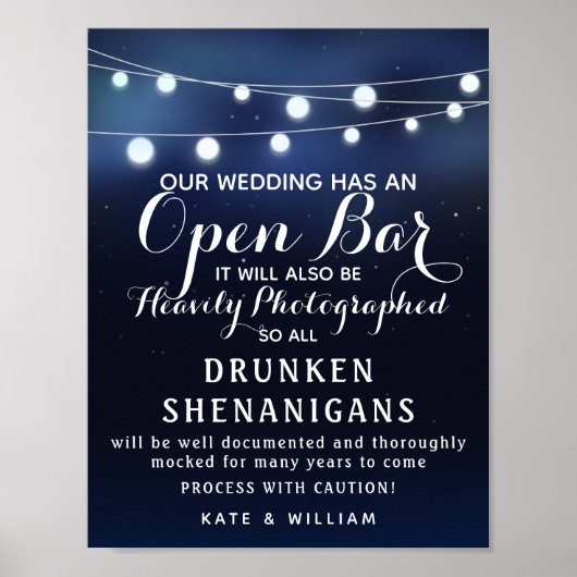 Navy String of light Open Bar bruiloft Poster (Voorkant)