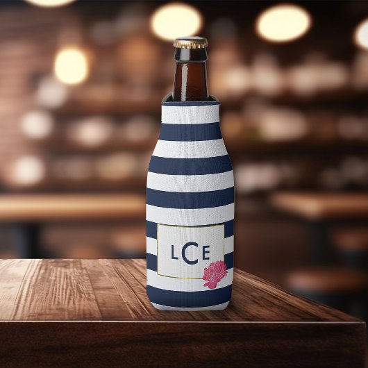 Navy Stripe en Roze Peony Monogram Bottle Cooler