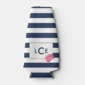Navy Stripe en Roze Peony Monogram Bottle Cooler (Voorkant)