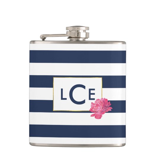 Navy Stripe- en Roze pony-monogram Heupfles (Voorkant)